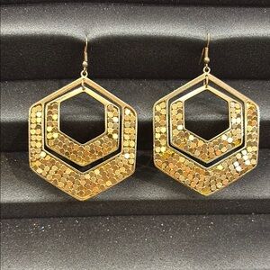 Large Gold Hexagon Dangle Earrings